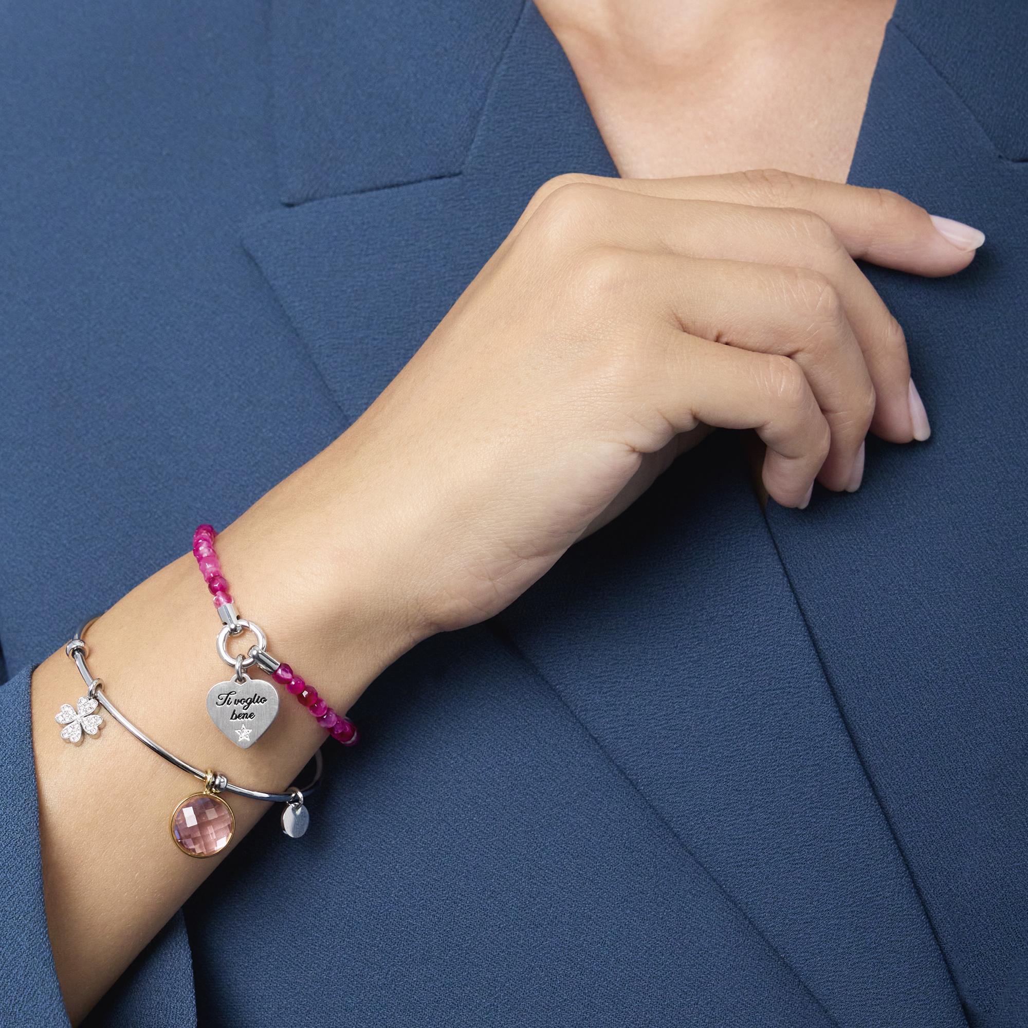 Bracciale elastico componibile con agata fucsia striata