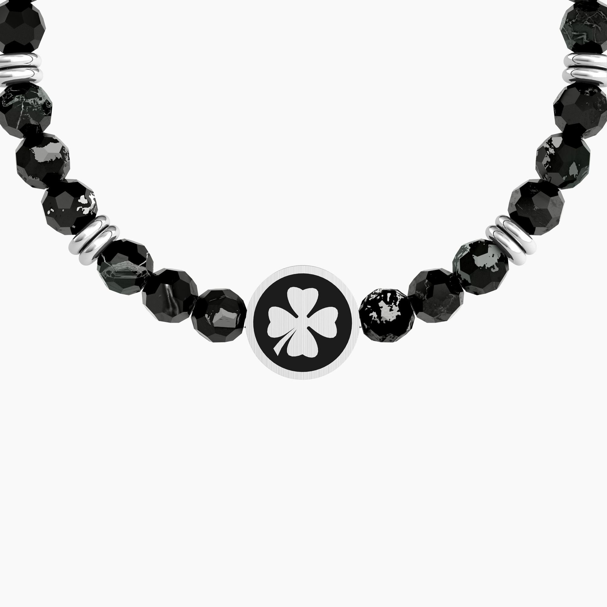 Bracciale elastico uomo con agata nera e quadrifoglio