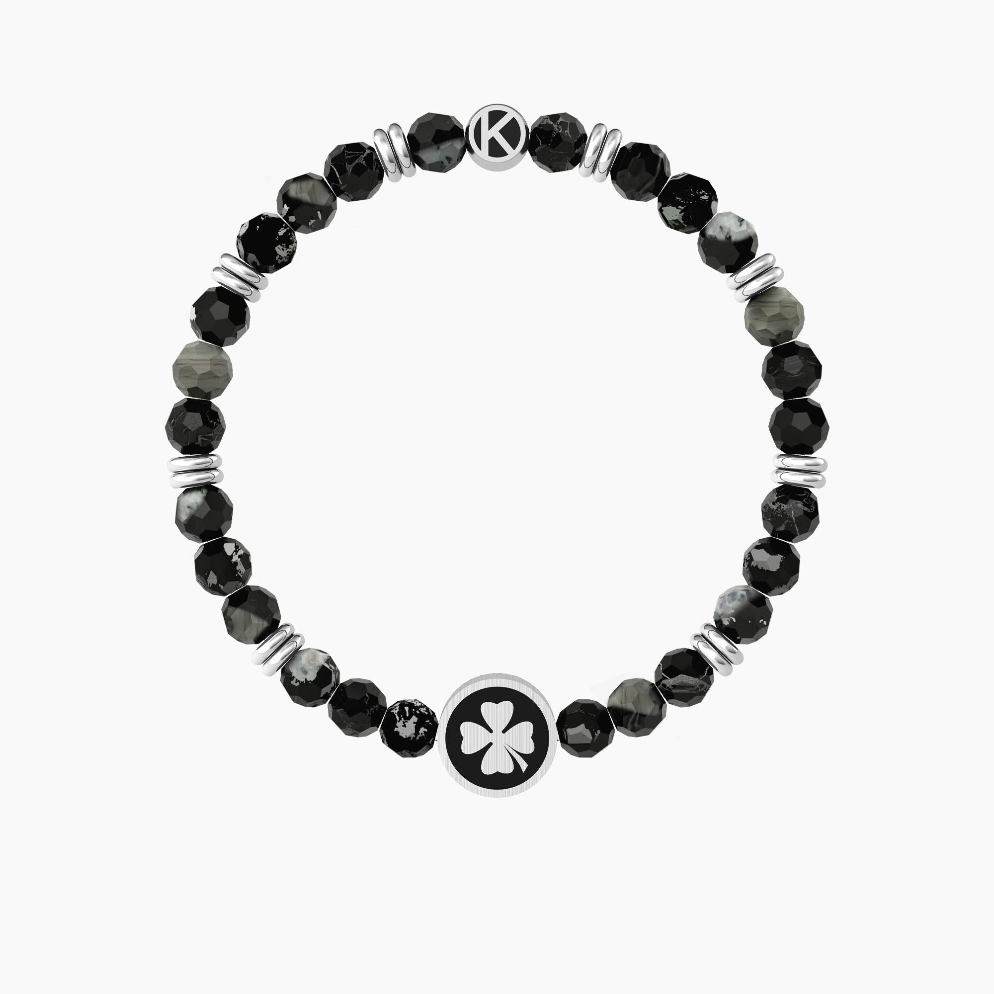Bracciale elastico uomo con agata nera e quadrifoglio