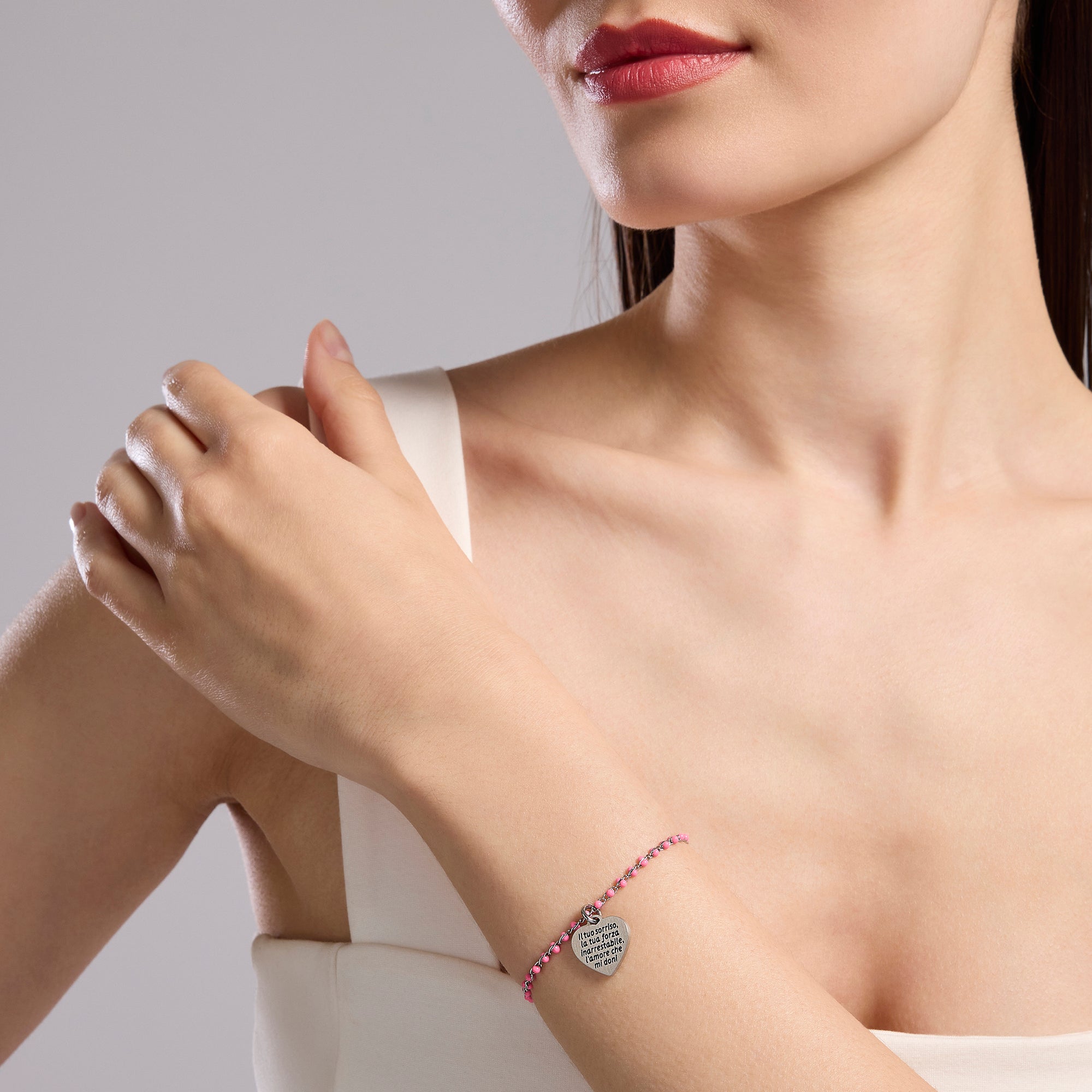 Bracciale componibile rosa in acciaio argentato
