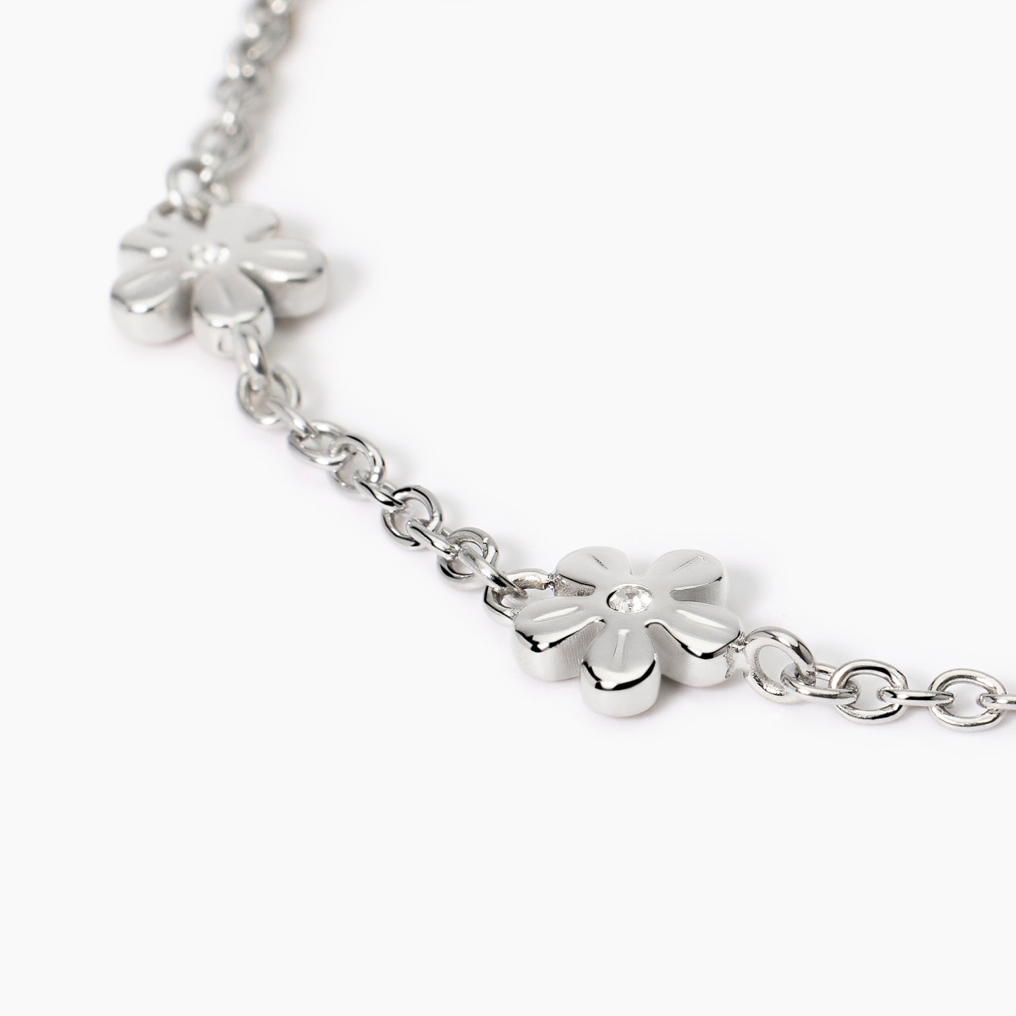 Bracciale catena rolò con fiori in acciaio argentato