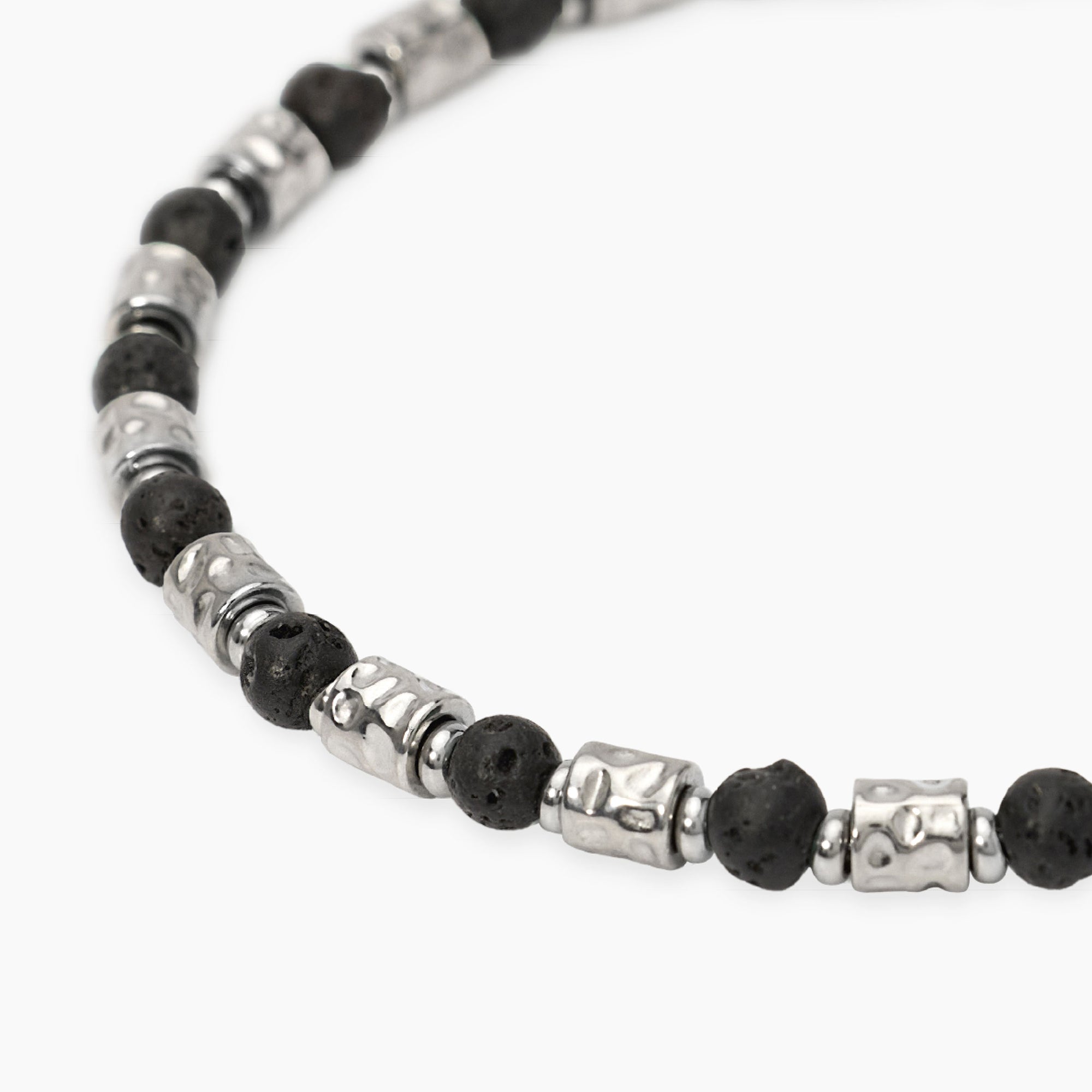 Bracciale uomo acciaio con cubetti martellati e pietra lavica
