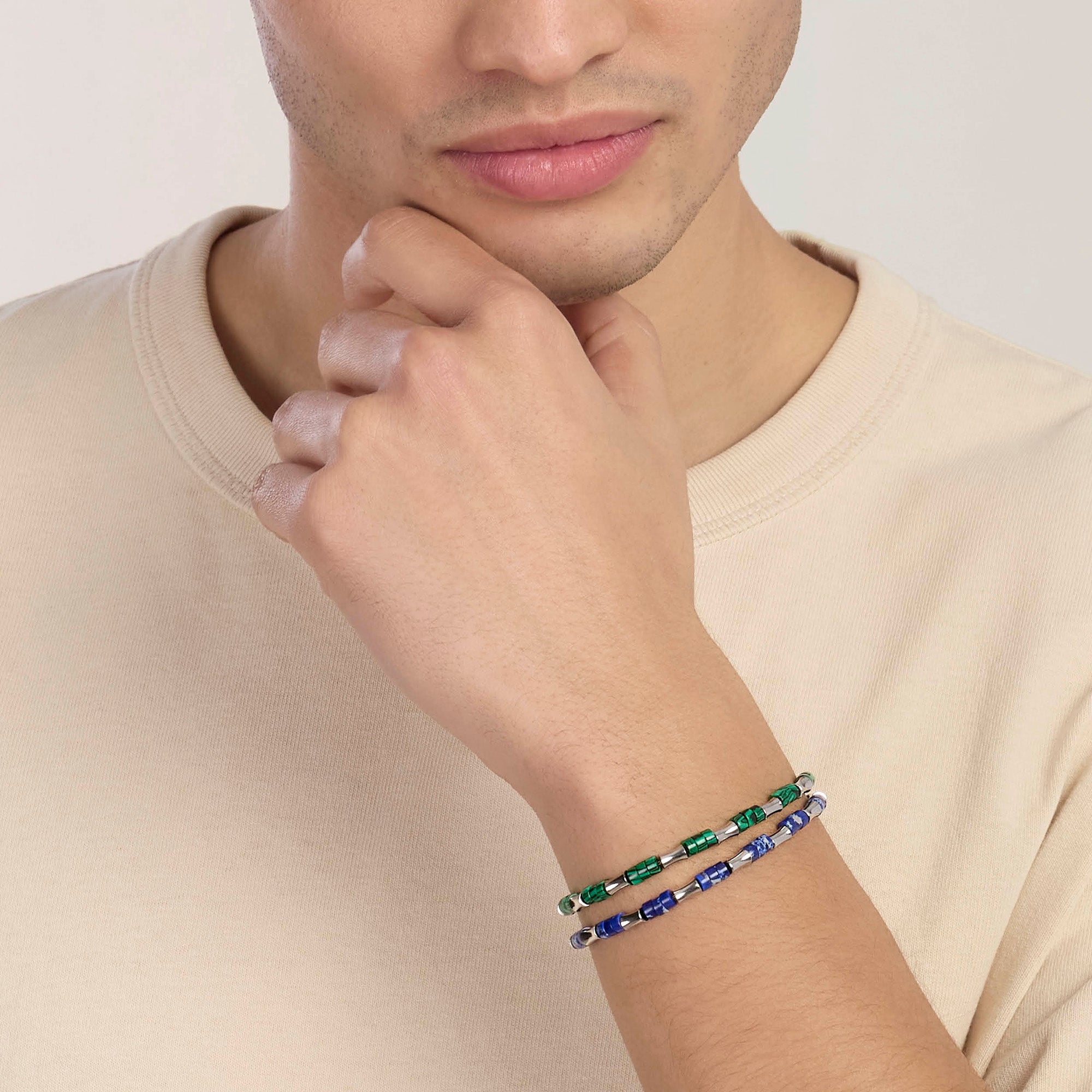 Bracciale con elementi bambù in acciaio e diaspro blu